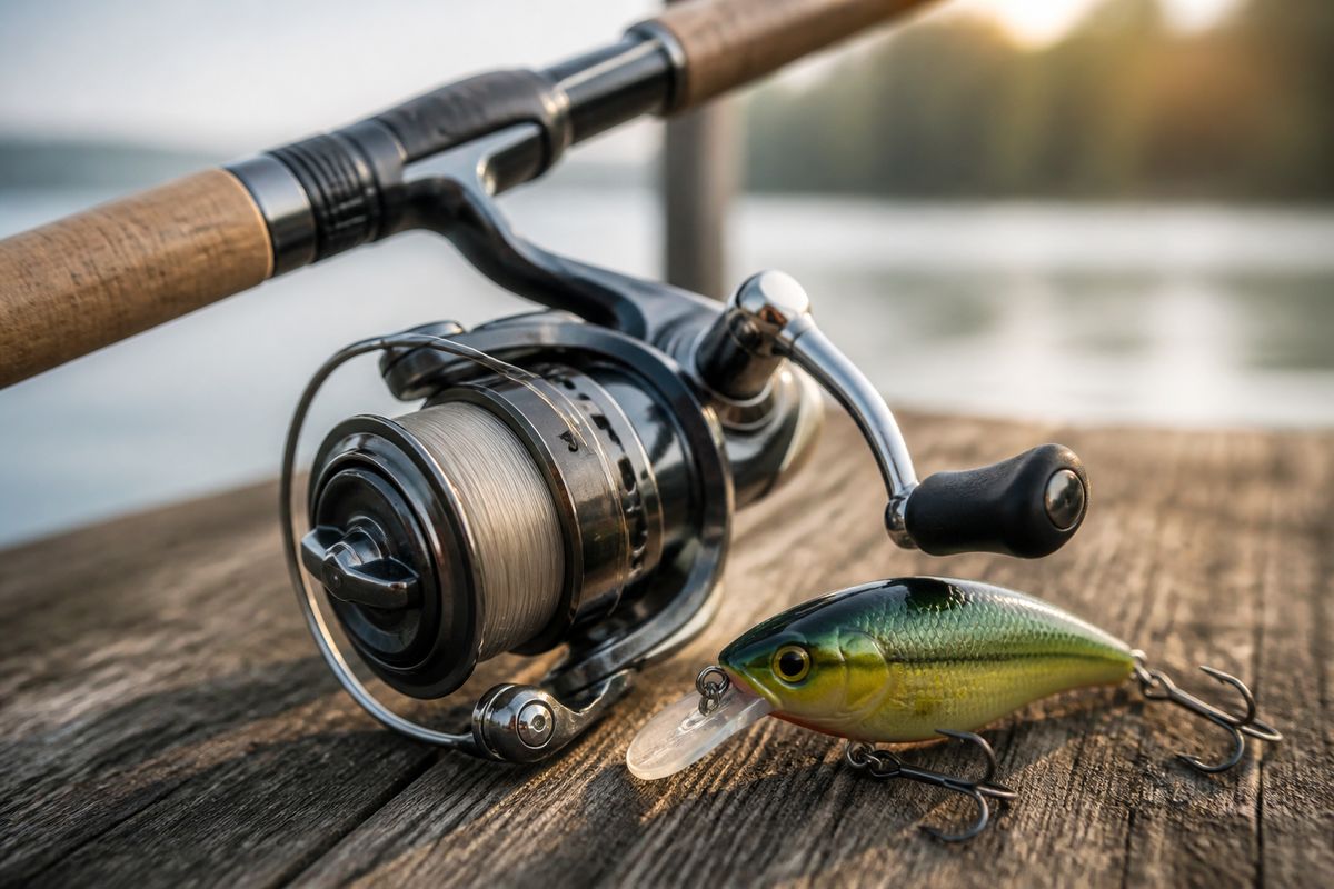 Fishing reel and a green-yellow crankbait on a dock