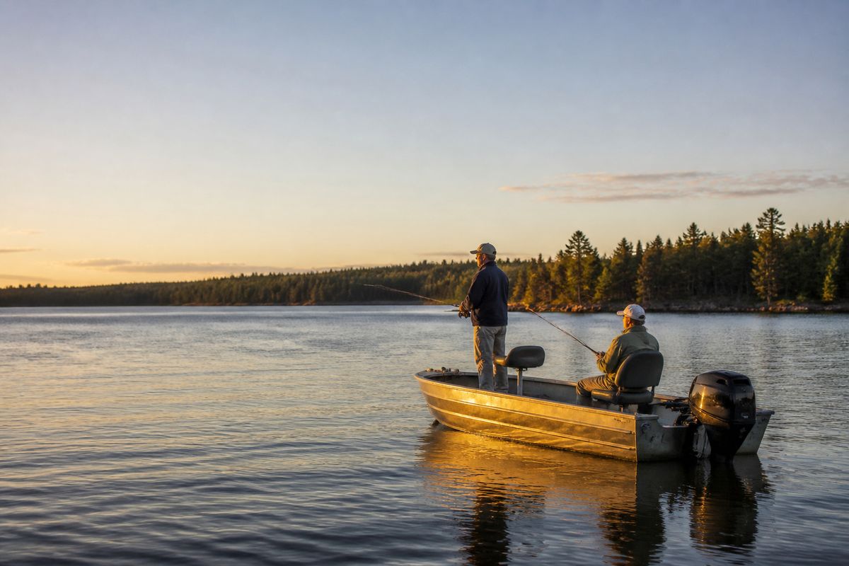 Two people fishing from a boat on a calm lake